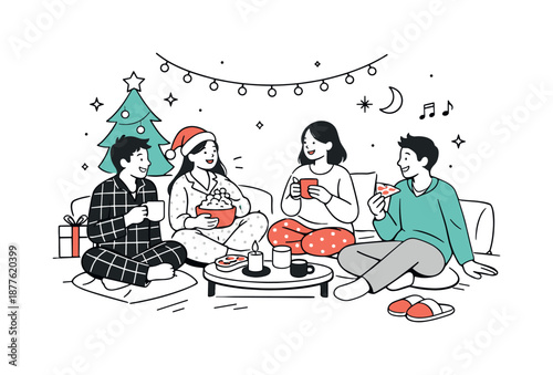 Cozy Pajama Party. Cozy holiday night. A relaxed pajama party scene with friends or family enjoying time together. Soft laughter, comfort, and festive calm