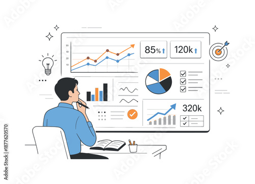 Data Insights Analysis. Business analytics. Analyst reviewing dashboards with charts and key metrics on a large screen, identifying insights and trends. Calm