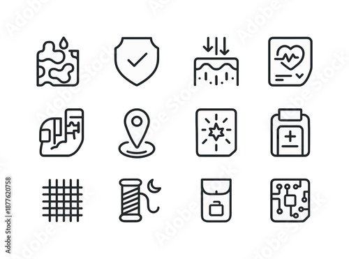 Military Smart Gear Icons. Smart textiles. Line icon set of military smart gear: camo-reactive fabric, ballistic panel, thermal signature reducer, bio-sensor