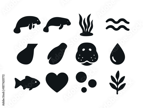 Manatee and Dugong Icons. Manatees and dugongs. Solid icon set of manatees and dugongs: manatee silhouette, dugong silhouette, sea grass, wave icon, tail
