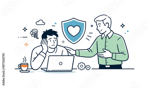 Manager Supporting Employee. Burnout prevention. Manager checking in with an employee and offering help, represented by a shield or heart icon. Calm reassuring