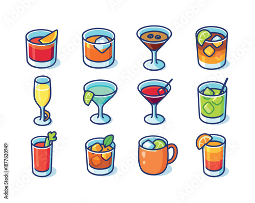 Signature Cocktail Icons. Signature cocktails. Colorful isometric vector icons set of Signature cocktails: negroni, old fashioned, espresso martini, dark and