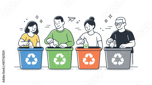 Group Recycling Effort. Recycling together. Group of people sorting waste into recycling bins side by side. Shared responsibility and calm eco-friendly action.