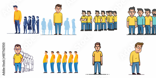 Collection of flat vector illustrations depicting stressed, tired, and sad men standing in line, highlighting themes of burnout, waiting, and social pressure.