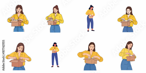 Collection of illustrations depicting women packing and unpacking cardboard boxes for e-commerce delivery, shipping, and online order fulfillment.