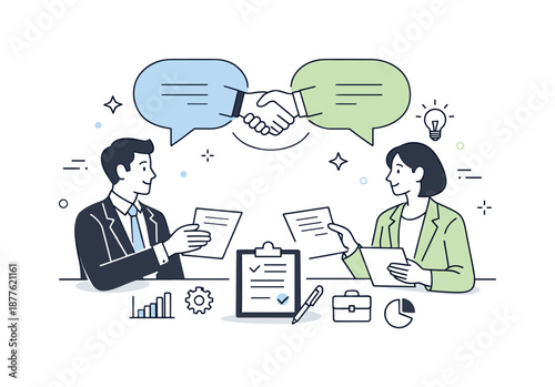 Business Agreement Exchange. B2B agreement negotiation. Two business partners exchanging documents and ideas, respectful discussion and alignment. Abstract