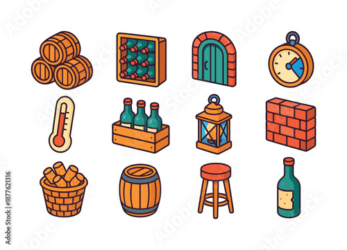 Colorful Wine Cellar Icons. Wine cellar. Colorful isometric vector icons set of wine cellar: barrel stack, bottle rack, cellar door, humidity gauge,
