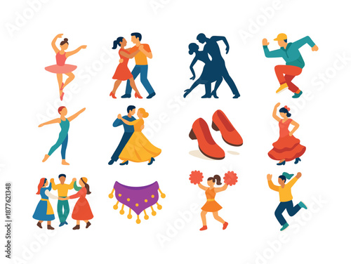 Colorful Dance Icons. Dance styles. Colorful flat vector icons set of dance styles: ballet pose, salsa couple, tango silhouette, hip-hop move, contemporary