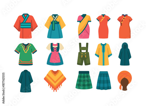 Cultural Dress Icons. Cultural Dress. Colorful flat vector icons set of Cultural Dress: kimono, hanbok, sari, qipao, dashiki, dirndl, lederhosen, kaftan,