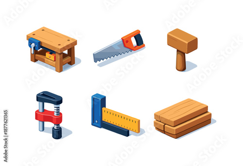Carpentry Tools Icons. Carpentry Tools Icons. Isometric flat vector icons set of Carpentry Tools Icons: carpenter workbench, hand saw, wooden mallet, clamp