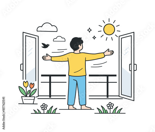 Springtime Renewal Scene. Spring daily routine. A person opening a window or stepping outside, welcoming spring air and sunlight. Feeling of renewal, clarity,