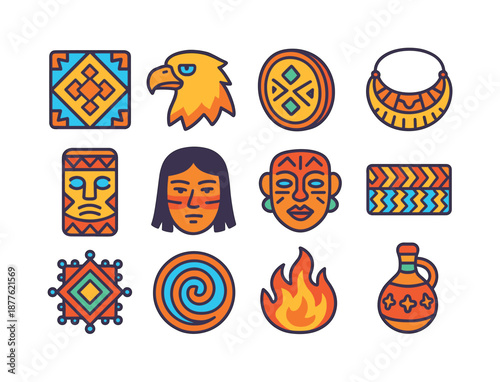 Indigenous Symbol Icons. Indigenous symbols. Colorful isometric vector icons set of indigenous symbols: tribal patterns, spirit animal icon, symbolic shield,