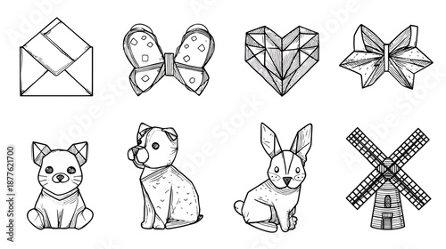 Cute Doodle Style Hand-Drawn Line Art Illustrations Set. Black and White Icons of Animals, Hearts, Bows, Envelope, Windmill.