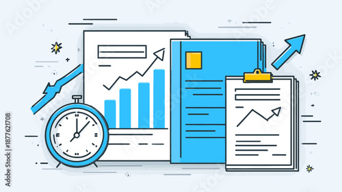 Business Growth Analytics, Financial Report & Time Management Illustration. Data Analysis, Strategy Planning & Performance Optimization Concept.