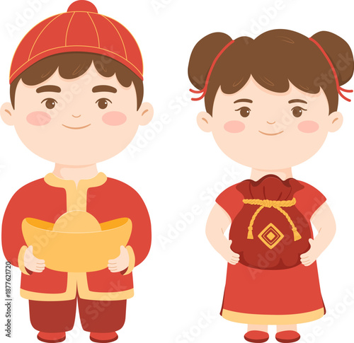 Cute Chinese Kids in Traditional Outfits. Lunar New Year Illustration