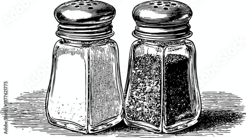 Vintage ink illustration of two glass salt and pepper shakers with perforated lids