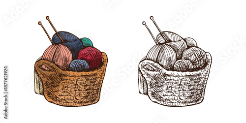 Hand drawn vintage sketch of wicker basket with yarn balls and knitting needles color and monochrome set