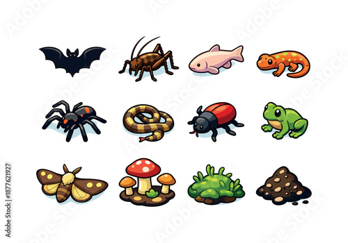 Cave Wildlife Icons. cave wildlife. Colorful isometric vector icons set of cave wildlife: bat silhouette, cave cricket, blind fish, salamander, spider, small