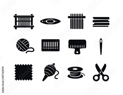 Weaving Craft Icons. Weaving craft. Solid icon set of weaving craft: loom frame, shuttle, warp threads, weft threads, yarn ball, heddle, comb beater, tapestry