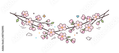 Cherry Blossom Serenity. Spring cherry blossom branches. Minimal composition of intersecting sakura branches with soft flowers, creating a peaceful and fresh