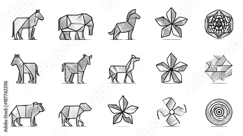 Geometric animals and abstract floral shapes collection. Hand-drawn polygonal icons, low poly style vector art, sketch illustration set.