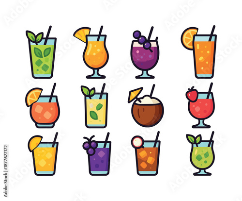 Colorful Mocktail Icons. Party Mocktails. Colorful flat vector icons set of Party Mocktails: virgin mojito, tropical fizz, berry breeze, citrus splash, peach