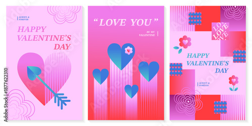 Valentine’s Day Poster Set with Geometric Hearts, Romantic Pink Greeting Card and Sale Promotion Template