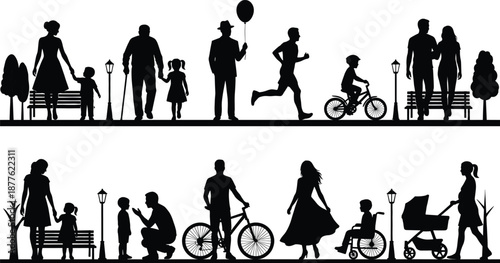 Family and people park silhouettes showing daily life activities walking cycling parenting leisure outdoor scene isolated vector illustration set