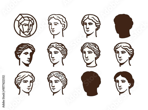 Classic Art Logos. Classic paintings and old-world art styles. Icon set. Set Logo of classic paintings and old-world art styles: neoclassical statue head.