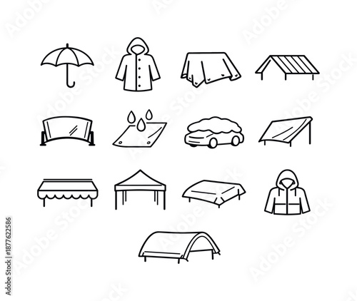 Weather Protection Icons. Weather protection covers. Line icon set of Weather protection covers: umbrella, raincoat, tarp cover, roof cover, wind shield,