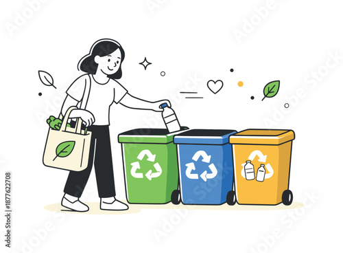 Eco-Friendly Habits. Eco-friendly daily habits. A character sorting waste into recycling bins and holding a reusable bag, showing conscious everyday choices.