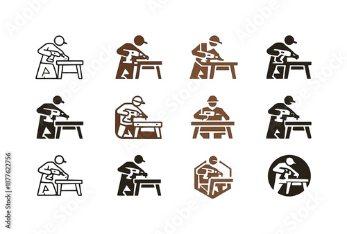 Woodworking Logo Set. Woodworking and building furniture. Icon set. Set Logo of woodworking and building furniture: wooden table assembly. harmonious logo