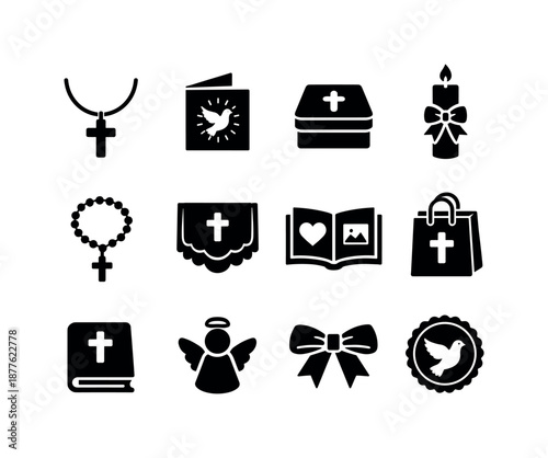 Baptism Gift Icons. Baptism gifts and tokens. Solid icon set of baptism gifts and tokens: cross necklace, blessing card, keepsake box, candle gift, rosary,