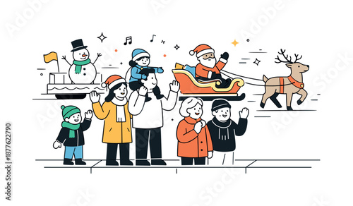 Festive Parade Scene. People at holiday parade. Group of people standing along a street watching a festive parade pass by. Cheerful atmosphere and shared