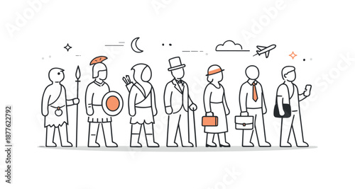 Human Evolution Silhouettes. History Through Time. A row of simplified human silhouettes from different eras, distinguished by small accessories and shapes.