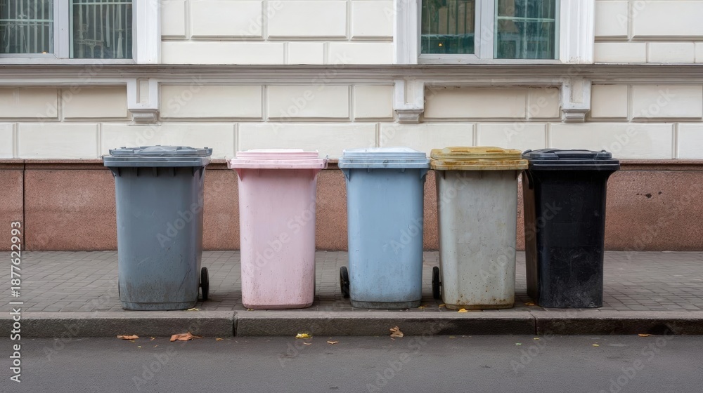 Obraz premium Four trash cans of different colors - gray, pink, blue, and yellow - lined up on a sidewalk in front of a white building with two windows.