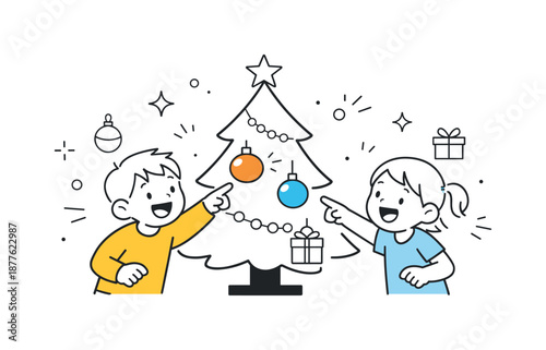 Joyful Ornament Decorating. Children hanging ornaments excitement. Kids smiling and pointing at newly placed decorations on the tree. Pride, happiness, and