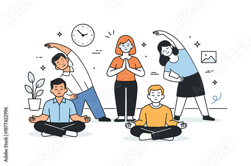 Office Wellness Harmony. Wellbeing program at work. Group of employees participating in a wellness activity like stretching or light mindfulness together.