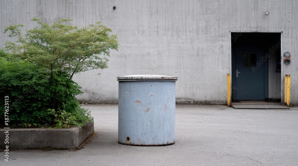 Obraz premium Empty parking lot with a concrete wall in the background. on the left side of the image, there is a small tree with green leaves and a concrete planter. next to the tree, there are two yellow poles.