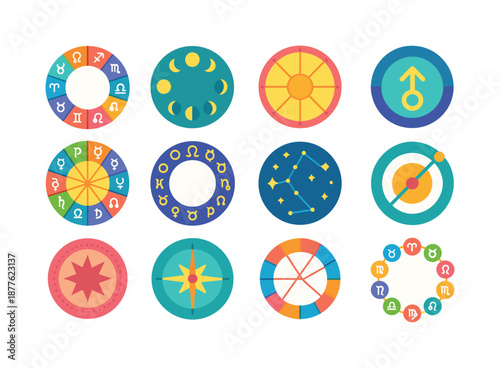 Astrological Icon Collection. Astrological Circles. Colorful flat vector icons set of Astrological Circles: zodiac wheel, lunar phases ring, sun chart circle,