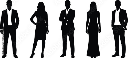 Elegant business people silhouettes showing professional men and women standing confidently in formal outfits isolated corporate vector illustration