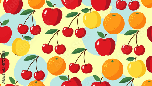 A vibrant pattern of assorted fruits including apples, cherries, and oranges on a soft yellow background viewed from directly above