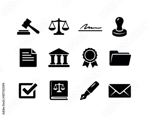 Legal Icons Set. Legal decision elements. Solid icon set of legal decision elements: gavel, scales icon, signature line, stamp seal, legal paper, courthouse,