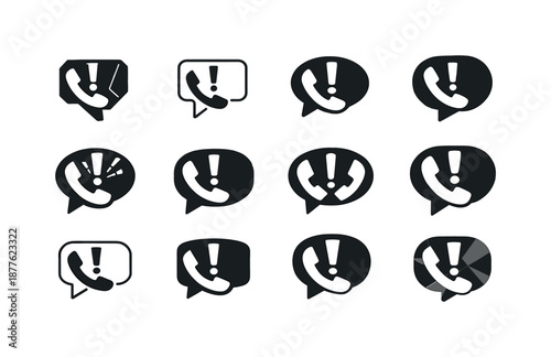 Unexpected Call Icons. unexpected phone call. Icon set. Set Logo of unexpected phone call: exclamation bubble. harmonious logo variations of the same