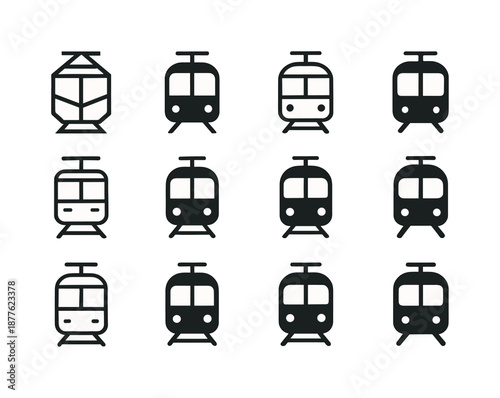 Streetcar Logo Variations. Public transportation. Icon set. Set Logo of public transportation: streetcar on rails. harmonious logo variations of the same