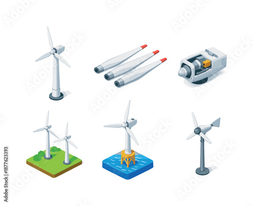 Isometric Wind Turbines. Wind turbine. Isometric flat vector icons set of Wind turbine: modern wind turbine tower, turbine blades set, turbine nacelle, wind