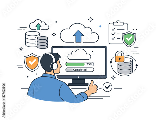 Secure Data Monitoring. Data backup and recovery. Engineer monitoring cloud backups and data storage icons, confirming information safety. Calm technical