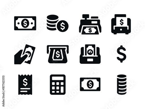 Iconic Cash Elements. Counting cash. Solid icon set of counting cash: stack of bills, coin pile, cash register, money counter machine, hand with money, cash