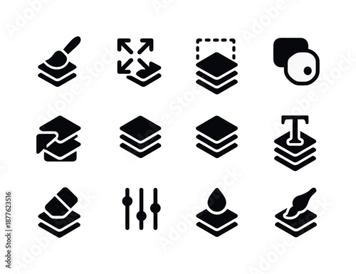 Layer Tools Icons. Layer tools. Solid icon set of layer tools: layer brush, move tool, selection tool, layer mask icon, clipping icon, gradient layer, shape