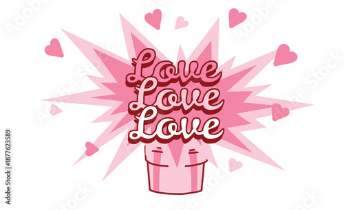 A gift box and an explosion of hearts and the words "love." Valentine's Day card with hearts. A cheerful Valentine's card with. A retro, vintage-style card